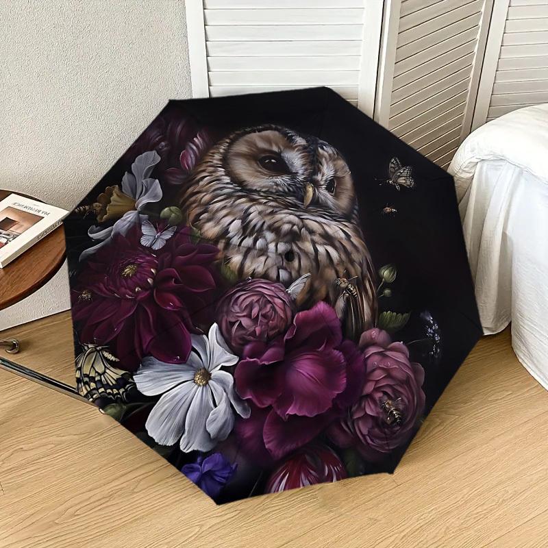 

1pc Owl Flowers Automatic Folding Umbrella 8 Rib Iron Frame, Compact Portable Umbrella Suitable for Travel, Daily Use, Birthday, Women & Men Gift 004