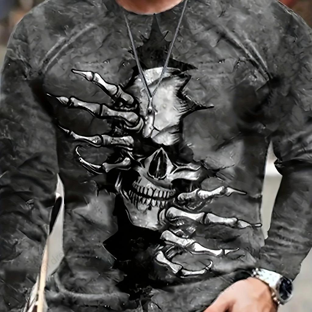 Halloween 3d Skull Skeleton Graphic Print  Long Sleeve T-shirts Fashion Hip Hop Tops Horror Men's T-shirts