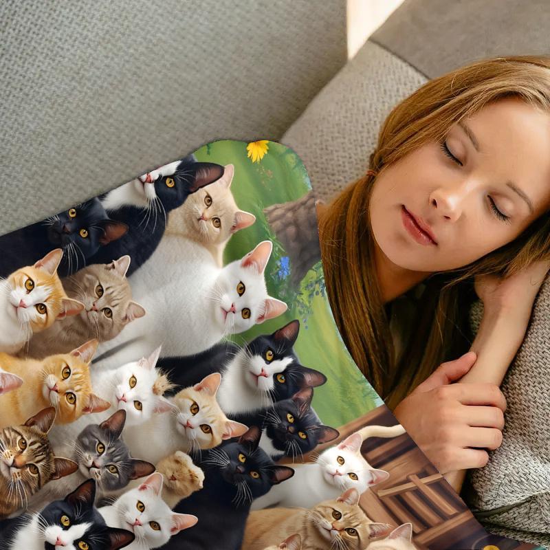 Group Cats Flannel Throw Blanket Various Breeds Cat Portrait Floral Background Sofa Blanket