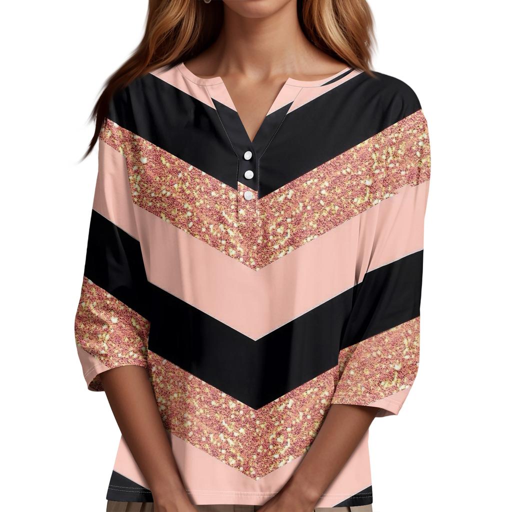 Women's T Shirt Tee Print Button 3/4 Sleeve Daily Weekend Fashion Basic V- Neck Regular Top