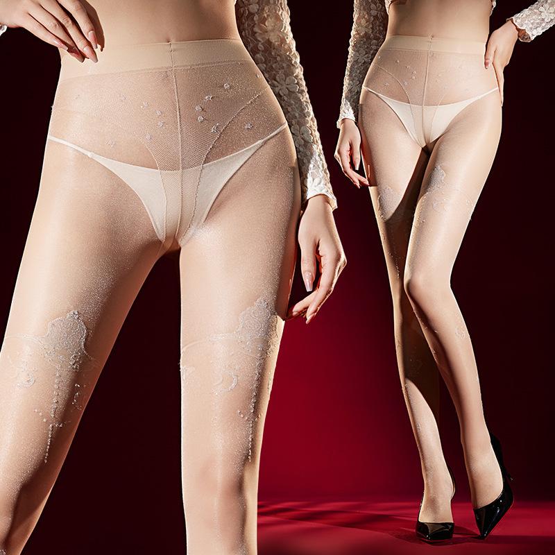 

Jacquard Pantyhose Women Sexy Ultra Thin Stockings Silver Lace T-Crotch Tights Lady Transparent Hosiery Close Crotch