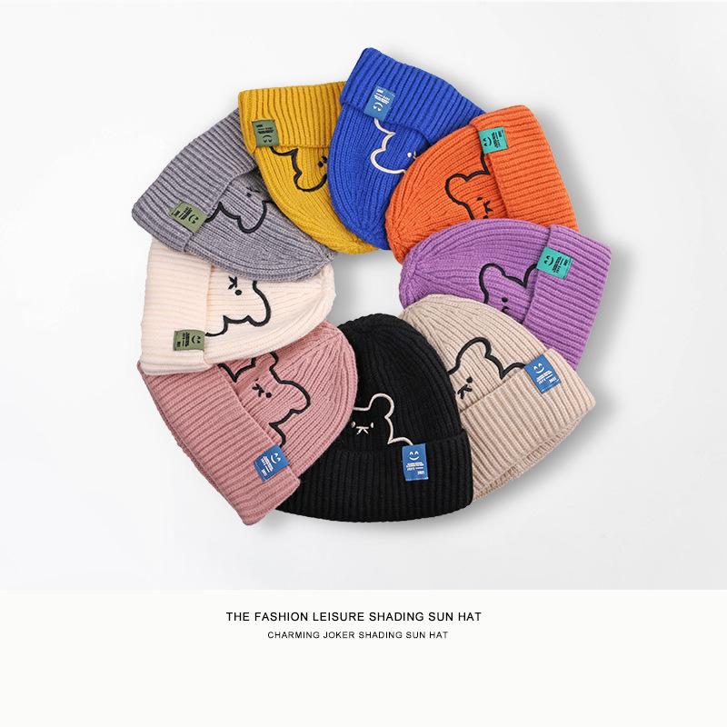 Hats for Women's Autumn and Winter New Bear Embroidered Knitted Hat Korean Style Versatile Wool Hat Couple Smiling Cloth Label Cold Hat Men