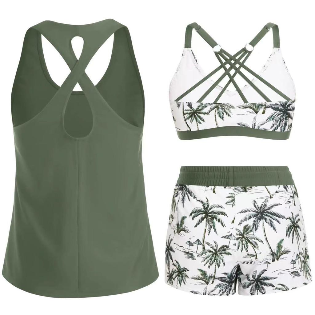 Women’s Three Piece Tankini Swimsuit Set with Crisscross Back Design High Waist Printed Shorts and Swim Top for Beach Pool