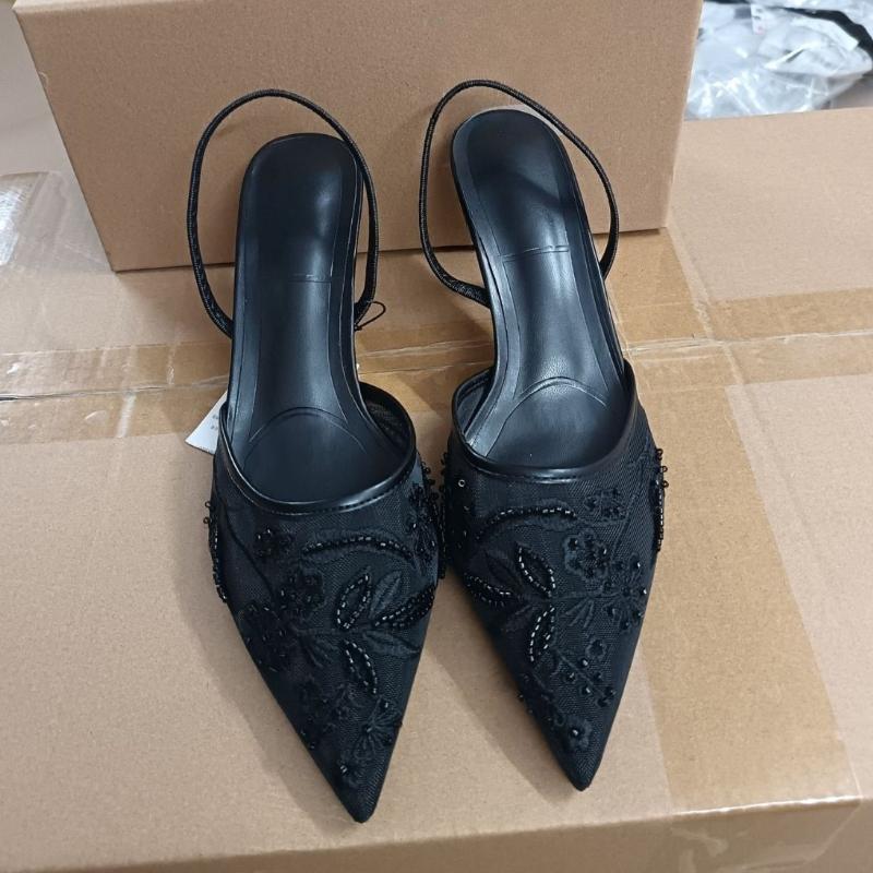 Fashion Brand Designer High Heels Women Wedding Shoes Pearl Embroider Flower Mesh Back Strap Summer Slingbacks Elegant Ladies Sandals