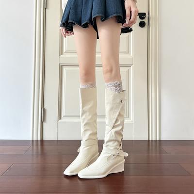 Square Heel High Boots Women's Autumn and Winter Design Sense Slope Heel Western Cowboy Boots Versatile Knight Boots Women's Pile