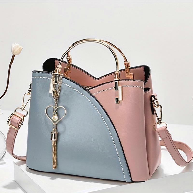 Large Capacity PU Shoulder Bag 23x19x11.5cm Blue & Pink