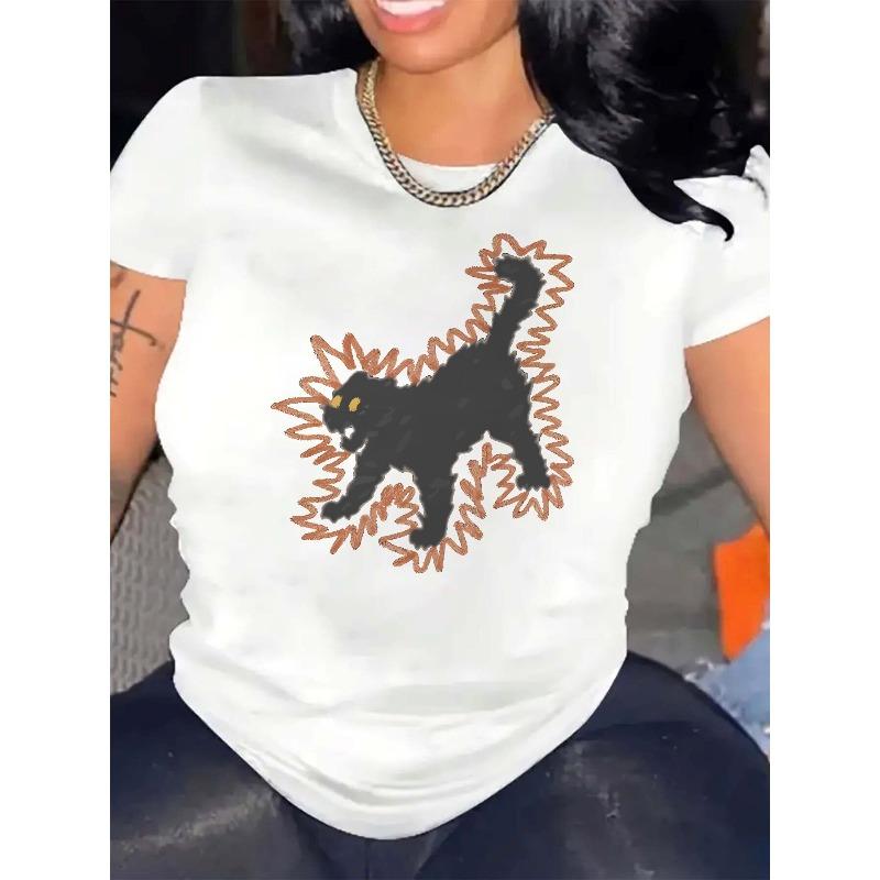 Plus Size Women s Cat Lover Tee Black Cat Yellow Eyes Leaves Print Soft Cotton Short Sleeve Summer Top S белый