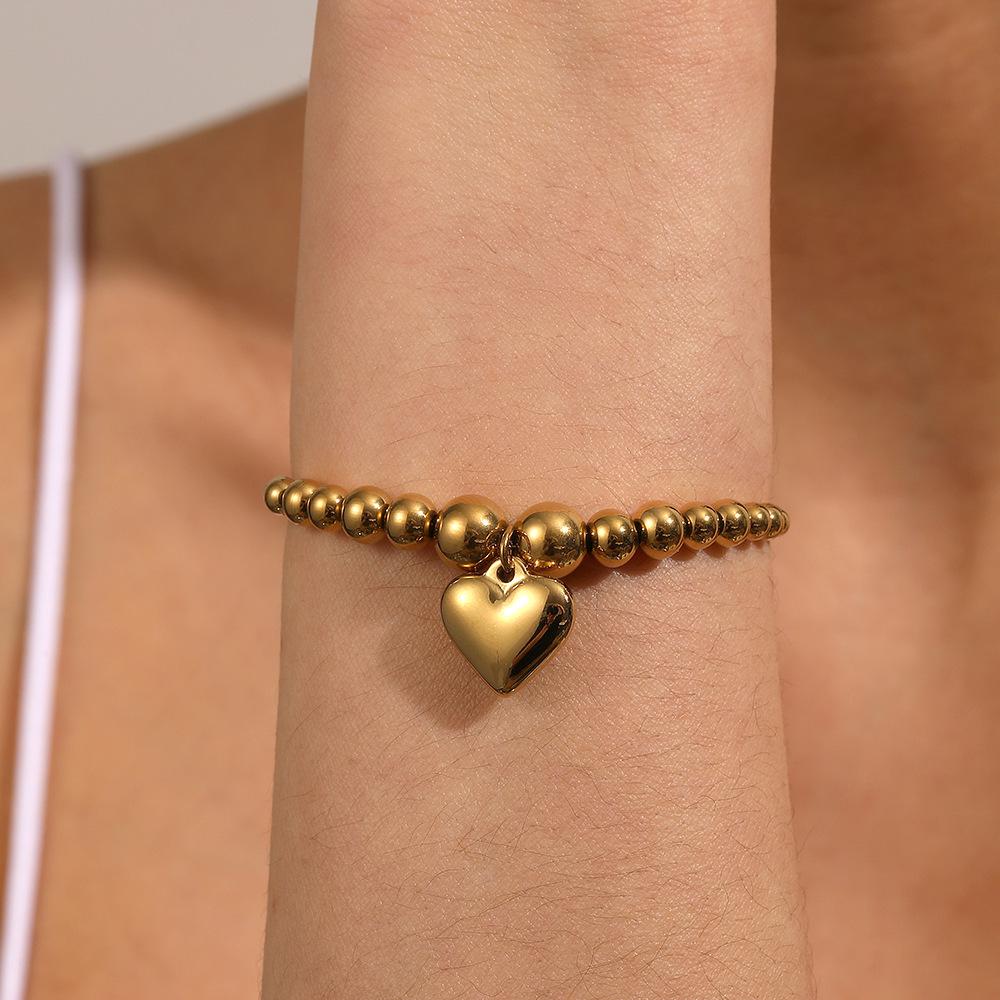 Glossy Heart Steel Bead Bracelet – European & American Style, Colorfast Titanium Steel