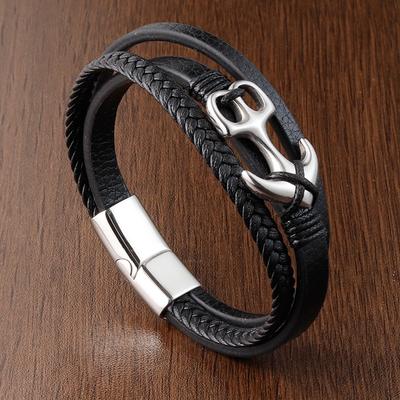 Combination Small Accessories Stainless Steel Men's Leather Anchor Bracelet Multilayer Weaving For  Boys Birthday Gift