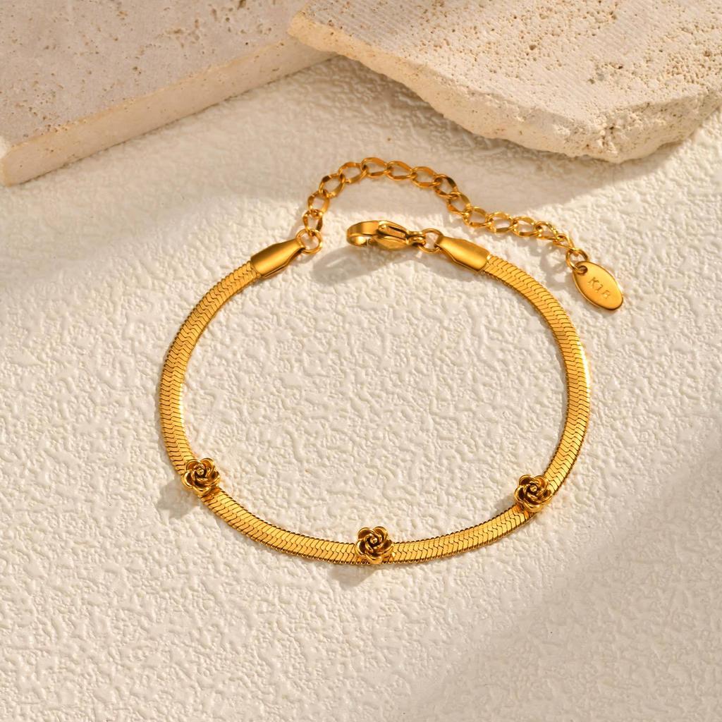 Women'S Fashion Stainless Steel Blade Chain Flower Bracelet 18K Gold Wind Jewelry Br-2746