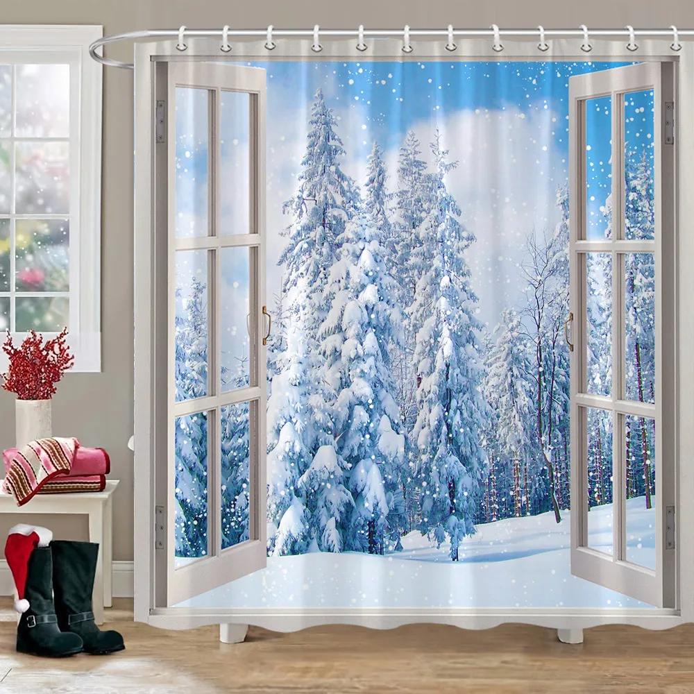 Winter Outdoor Forest Snow Shower Curtain Simulation Window Landscape Polyester Fabric Water Shower Curtains Bathroom Decoration