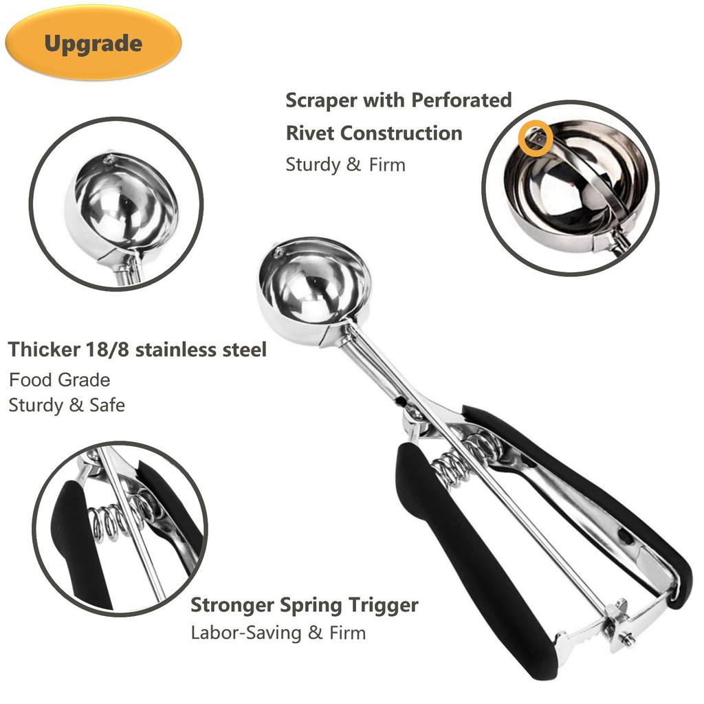 Cookie Scoop: 18/8 Stainless Steel 1 Tablespoon Portion Scooper for Baking - Spring-Loaded Trigger Release Ice Cream Scoop with Non-Slip Rubber Grip