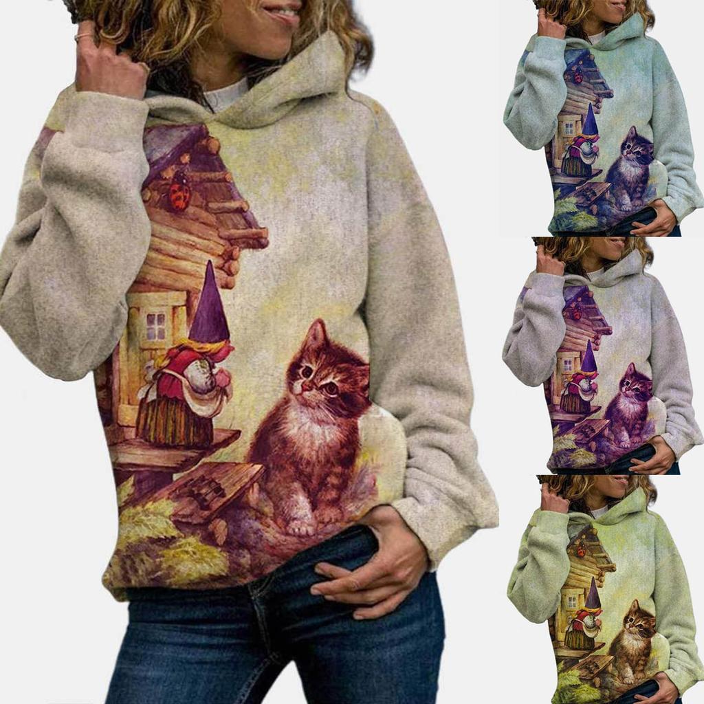Women Fashion  Cat Print Long Sleeves Hoodie Tops Blouse Sweater