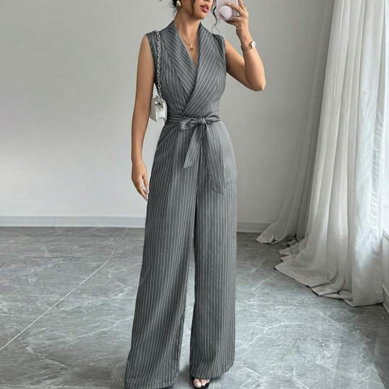 ZANZEA Women Casual V-Neck Sleeveless Stripe Long Jumpsuits S серый
