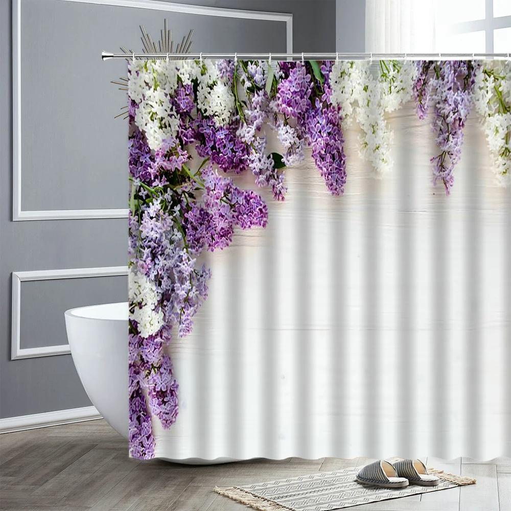 Conjunto de cortina de chuveiro floral roxo lavanda rosa rosa flores simples decoração de banheiro cortinas de poliéster pano de fundo de fotografia