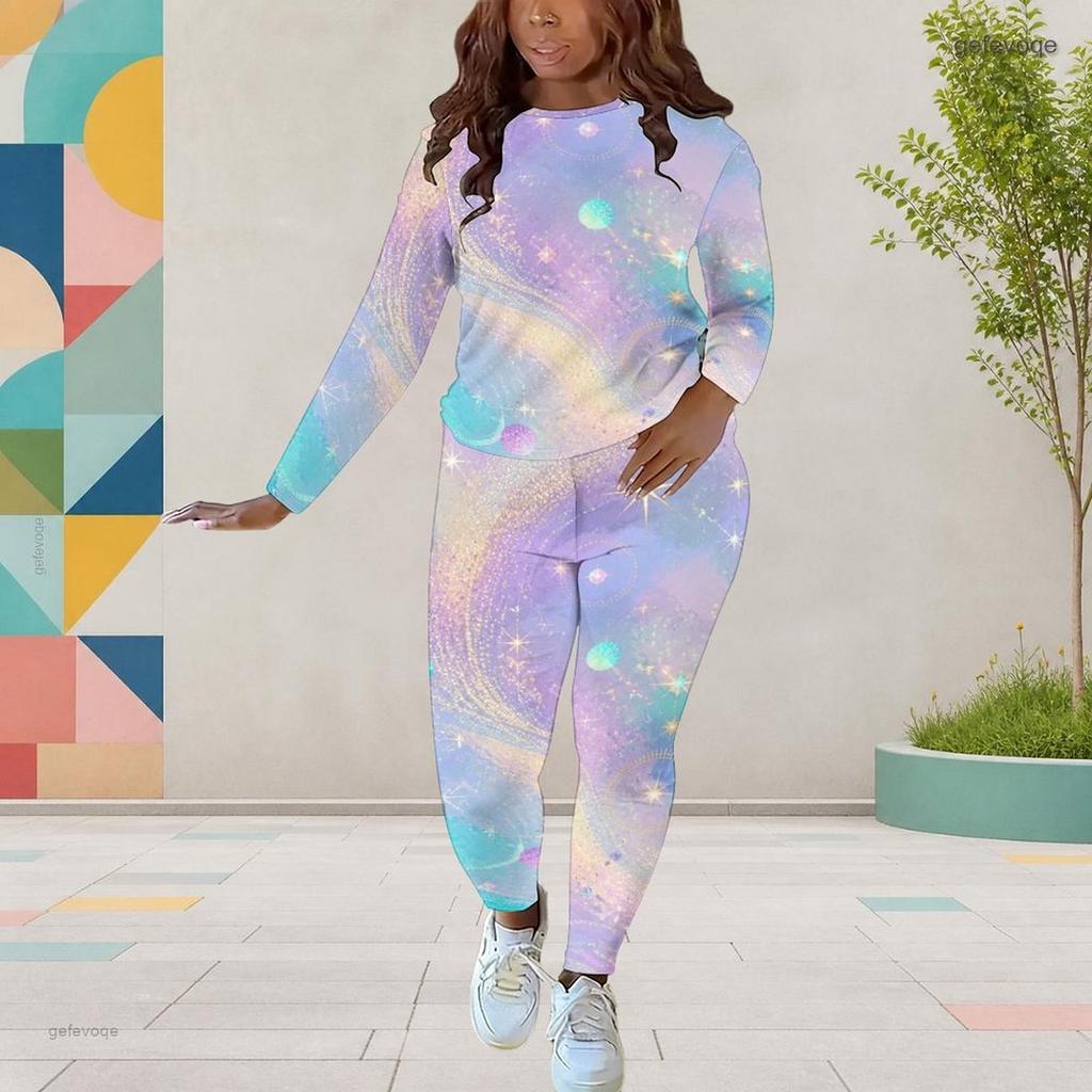 Women Plus Size Printed Round Neck Long Sleeve Top And Fitted Pants Two Piece Set