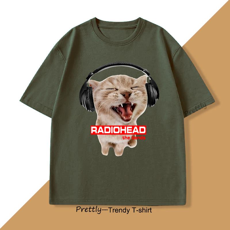 Vintage Cat with Headphones Radiohead T-shirt Cute Cat Rock T Shirt Men Women Cotton Short Sleeve Round Neck Tshirt Streetwear