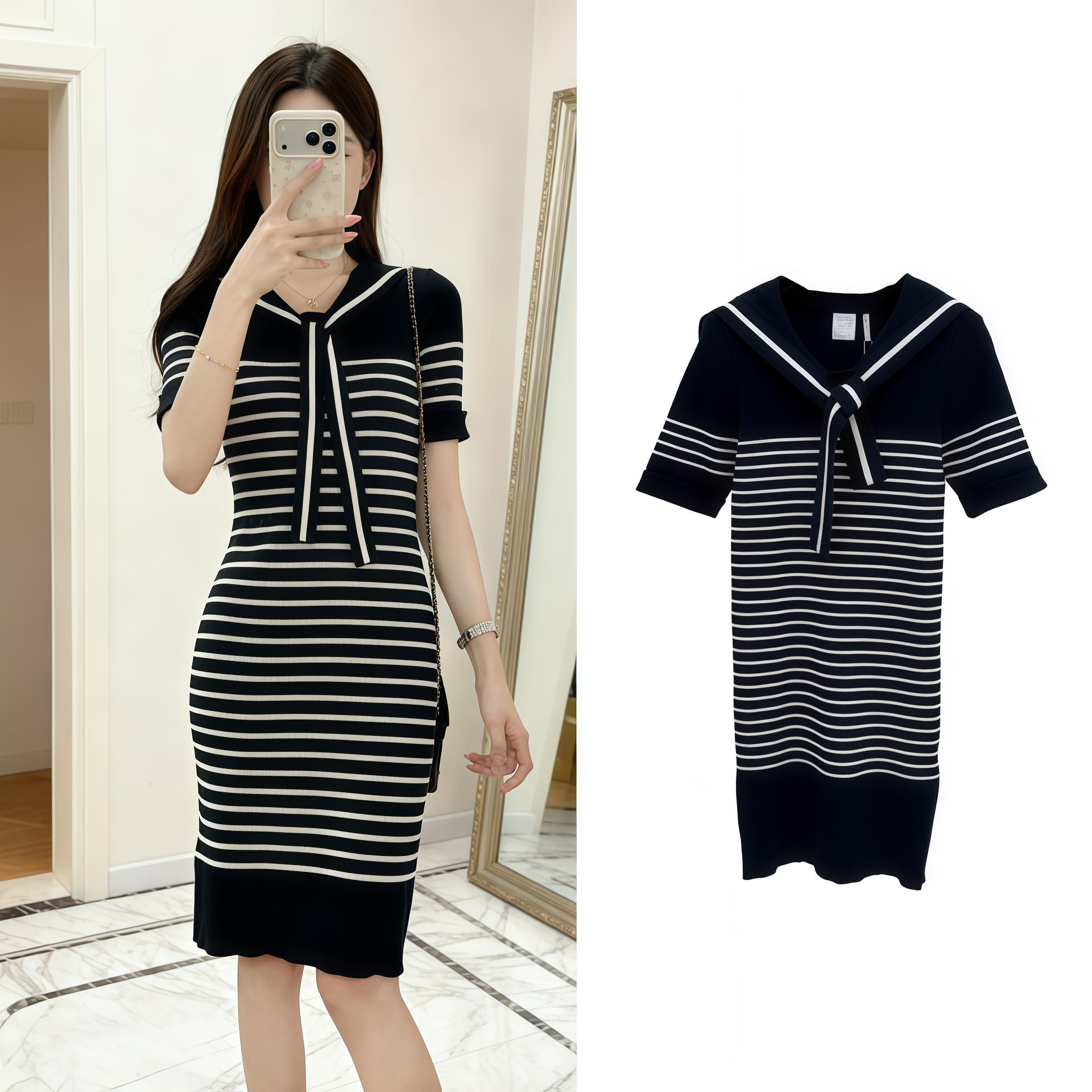 navy blue lace-up navy collar temperament contrasting stripes short-sleeved slim-fit dress women s 26 summer knitted hip-wrapped skirt S королевский синий