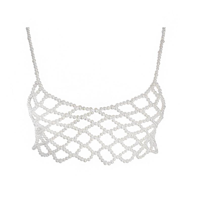 Korean V-Neck Beaded Pearl Camisole with Chest Chain for Women