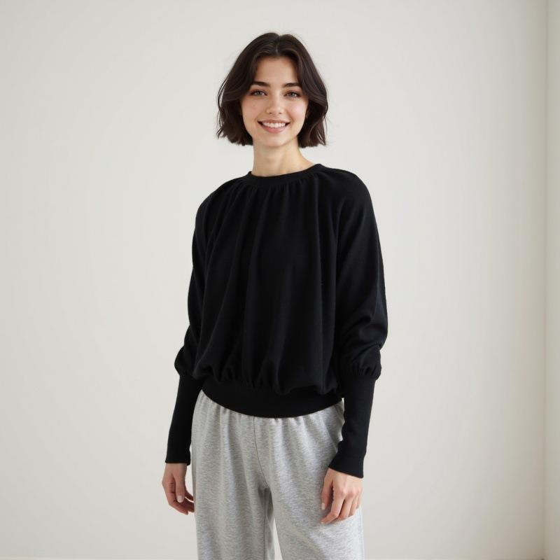 Bat sleeve pleated 0 Quan wool crew neck top early autumn thin loose inside knitted sweater women