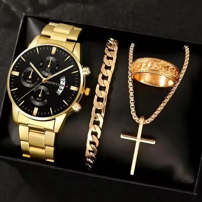 Men'S Business Watch Fake Three-Eye Calendar Roman Scale Quartz Watch Cross Necklace Bracelet Ring Set