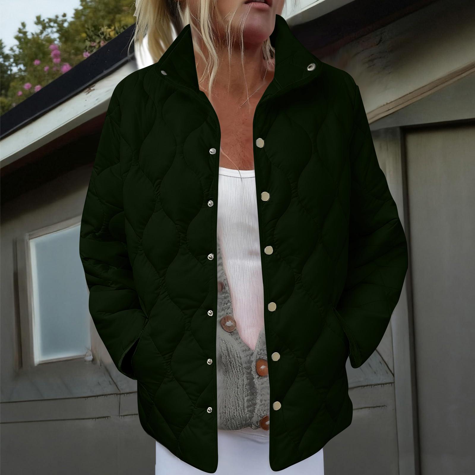 

Women s Solid Color Stand-Up Collar Pleated Cotton Long Sleeve Button-Up Jacket L армія зелений колір