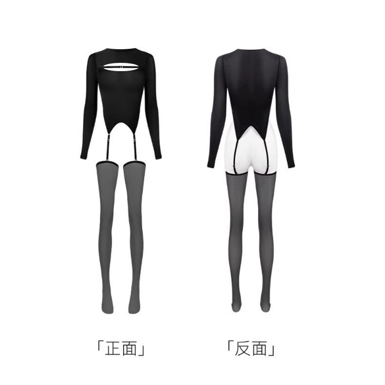 Women's Oily Glossy Bodysuit Stockings with Suspender, Horse Oil Silk Thin Black Plus-Size Lingerie
