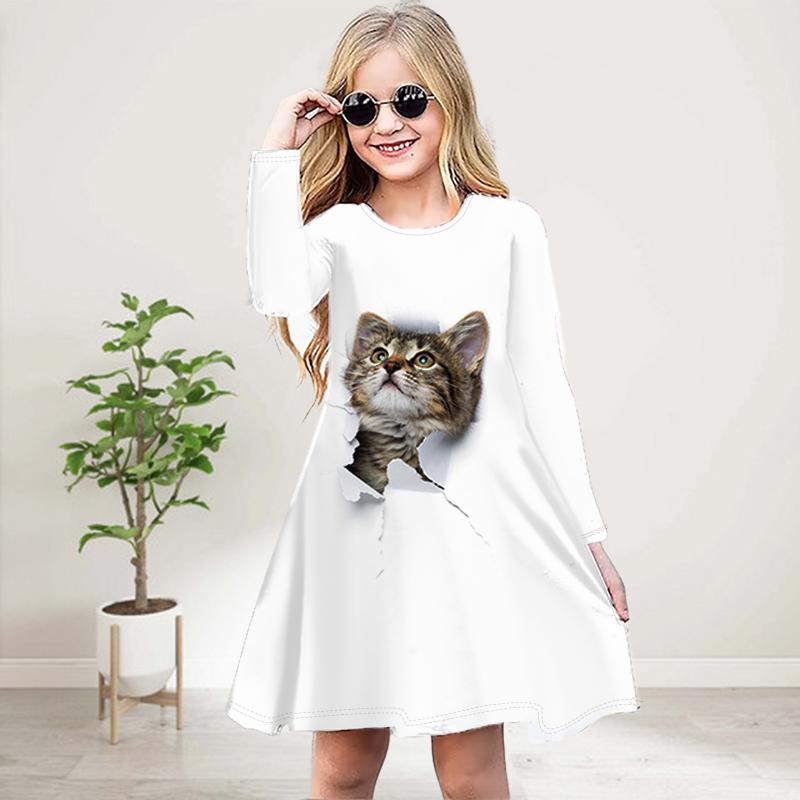 

Повседневное платье для девочек с 3D-принтом, черная кошка, круглый вырез, длинный рукав, детское платье принцессы 120 золотой