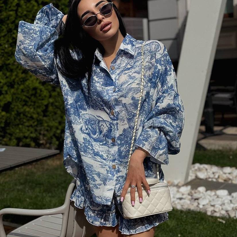 1116 autumn European and American new full-printed ruffle edge shirt hot pants two-piece set trendy fashion women's clothing set