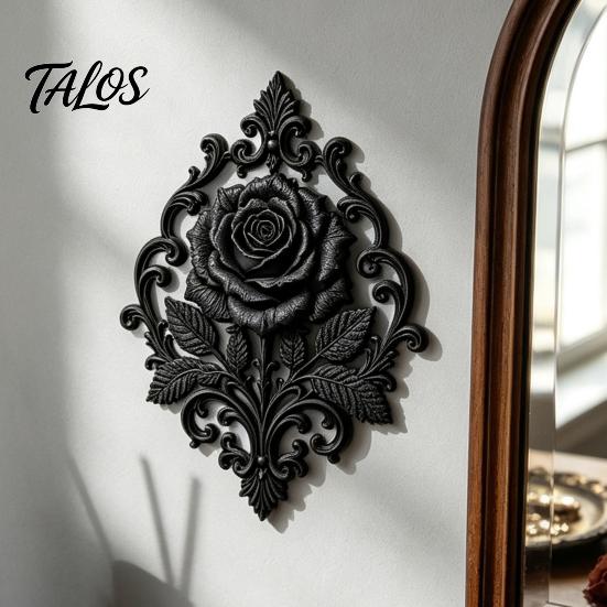 Niche Home Decoration Gothic Rose Wall Decor, 3D Printed Black Matte Floral Relief Hanging Dark Romantic Sculpture Sculpture, Baroque Style