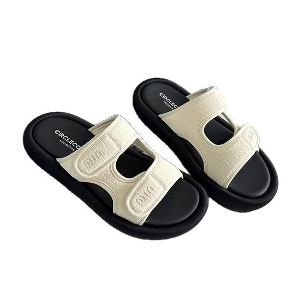 Soft leather Velcro thick bottom one-word women 2025 summer new lightweight height increase outer wear open-toed beach cool slippers