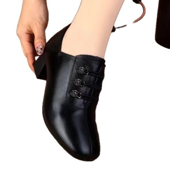2025 spring new soft leather mid-heel autumn versatile British small leather shoes deep mouth spring and autumn women's shoes thick heel single shoe