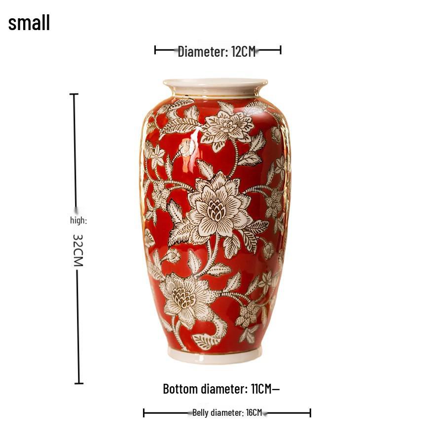 Red New Year Ceramic Vase - Chinese Desktop Ornament for Flowers