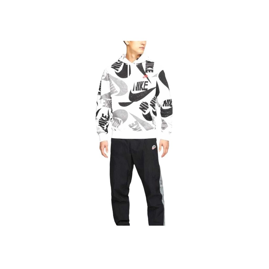 Nike Street Style Graffiti Print Mixed Hook Fleece-Lined Hoodie Men Tops Black White CJ6313-010