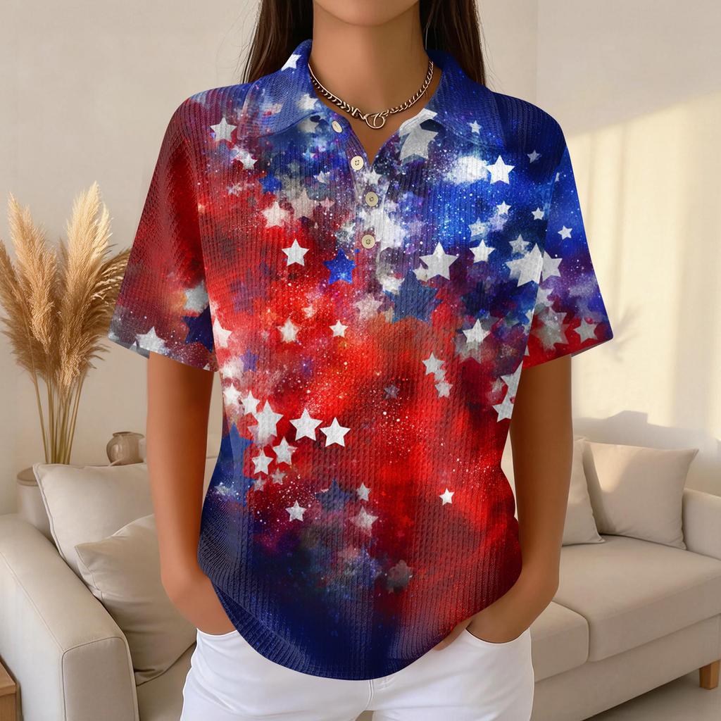 Women’s Casual Short Sleeve Knit Polo Shirt with Button Front and Independence Day Print for Everyday Wear