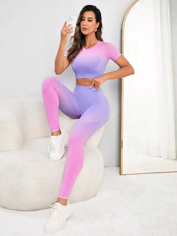 JYL Gradient Seamless Yoga Set Short Sleeve Hip Lifting Pants S дартмаут зеленый