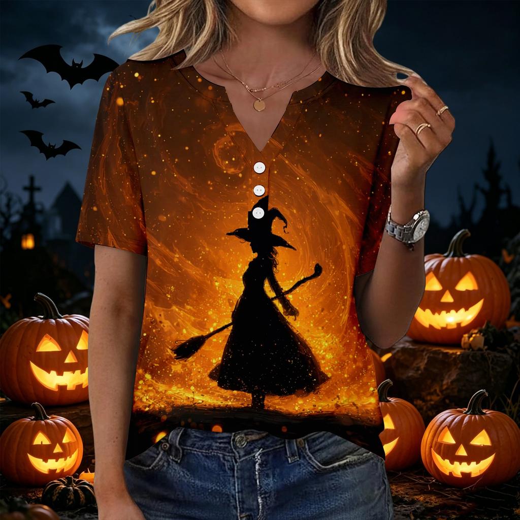 Women Casual V Neck Button Front Halloween Print T Shirt Top Three Quarter Sleeve Lightweight Soft Fabric Relaxed Fit