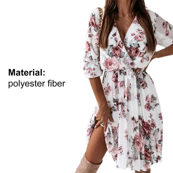 Pleated Flowy Hem Midi Dress Floral Print Sweet Elastic Waist V-Neck Casual