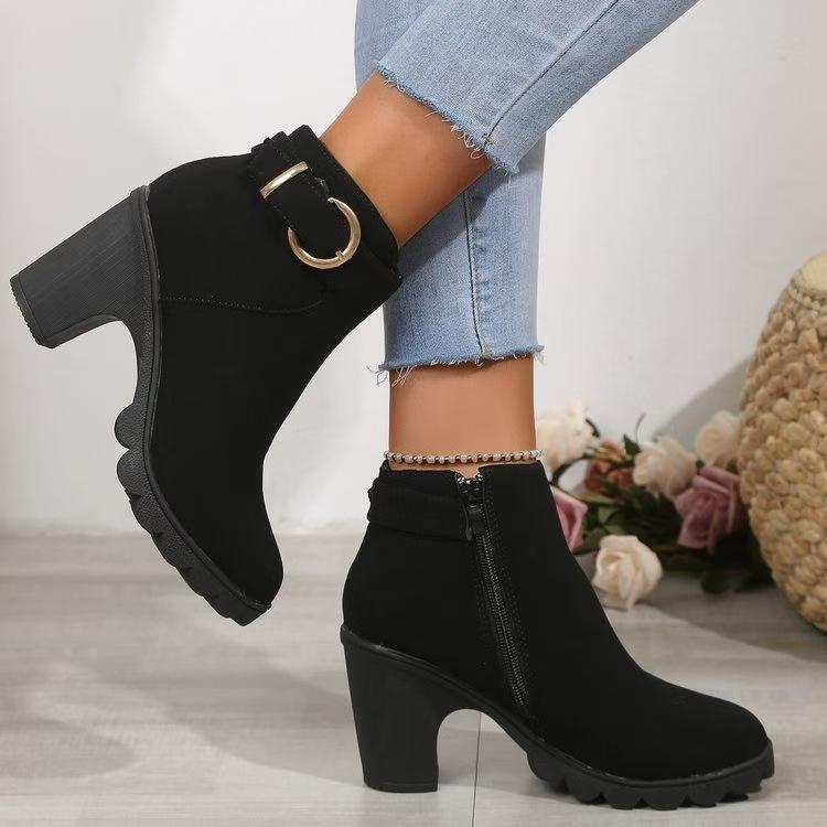 Fashion Retro Suede Leather Boots for Women Casual Thick High Heeled Female Shoes Round Head Side Zipper Spring Autumn Chelsea Botines