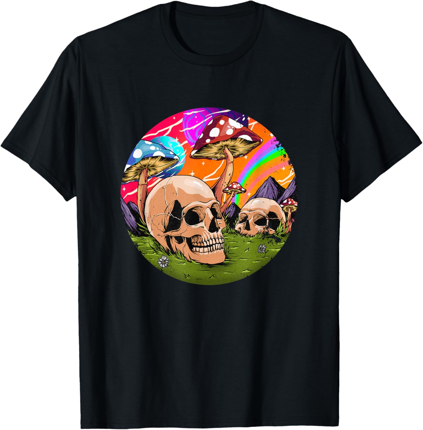 Psychedelic Skull Mushroom Graphic T-Shirt Men Casual Trip Print Crewneck Tee 4XL