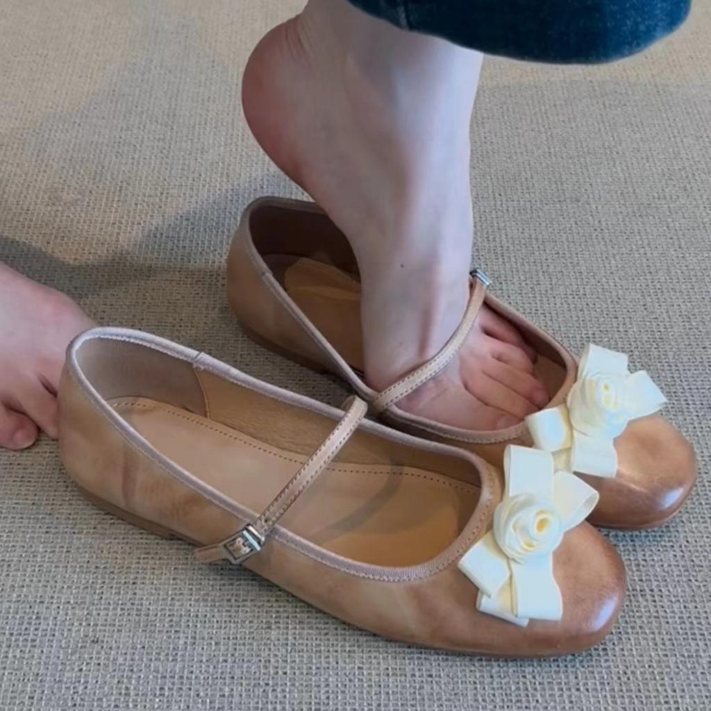 Cowhide Version~ Retro One-button Mary Jane Small Leather Shoes Women's Genuine Leather French Gentle Flat-bottomed Flower Ballet Shoes