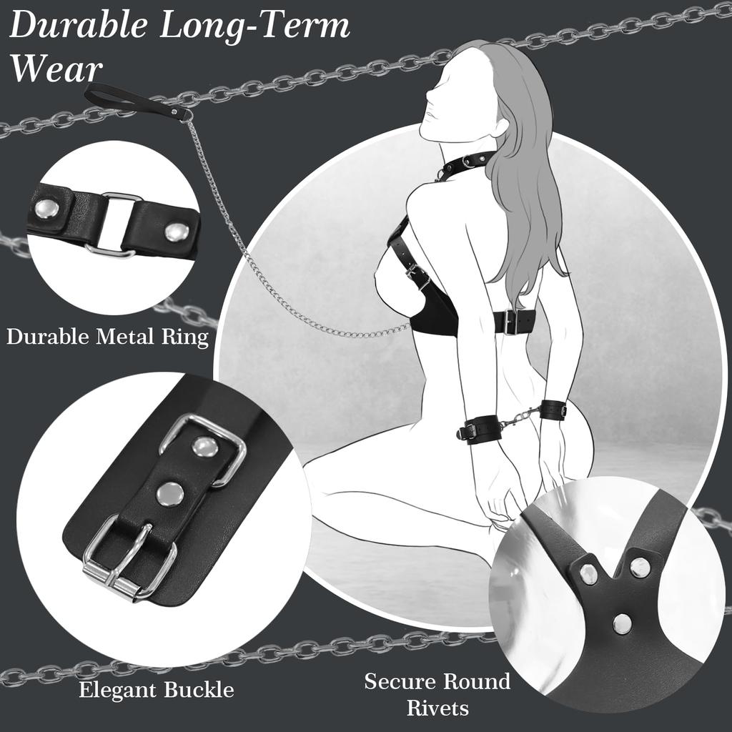 Sex Bondage Kit Sexy Breast Restraints Leather Harness Collars with Traction Chain Handcuffs Bondage Sex Toys For Adult SM Game