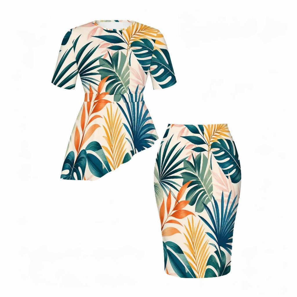 Women Plus Size Round Neck Short Sleeve Tropical Print Asymmetric Top Fitted Skirt Two Piece Set
