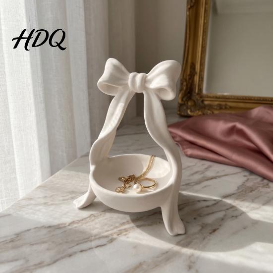 Elegant Jewelry Holder Storage Tray with Bow Decor Decorative Cream Trinket Dish 3D Dressing Table Accessory Print PETG Space Saving Display