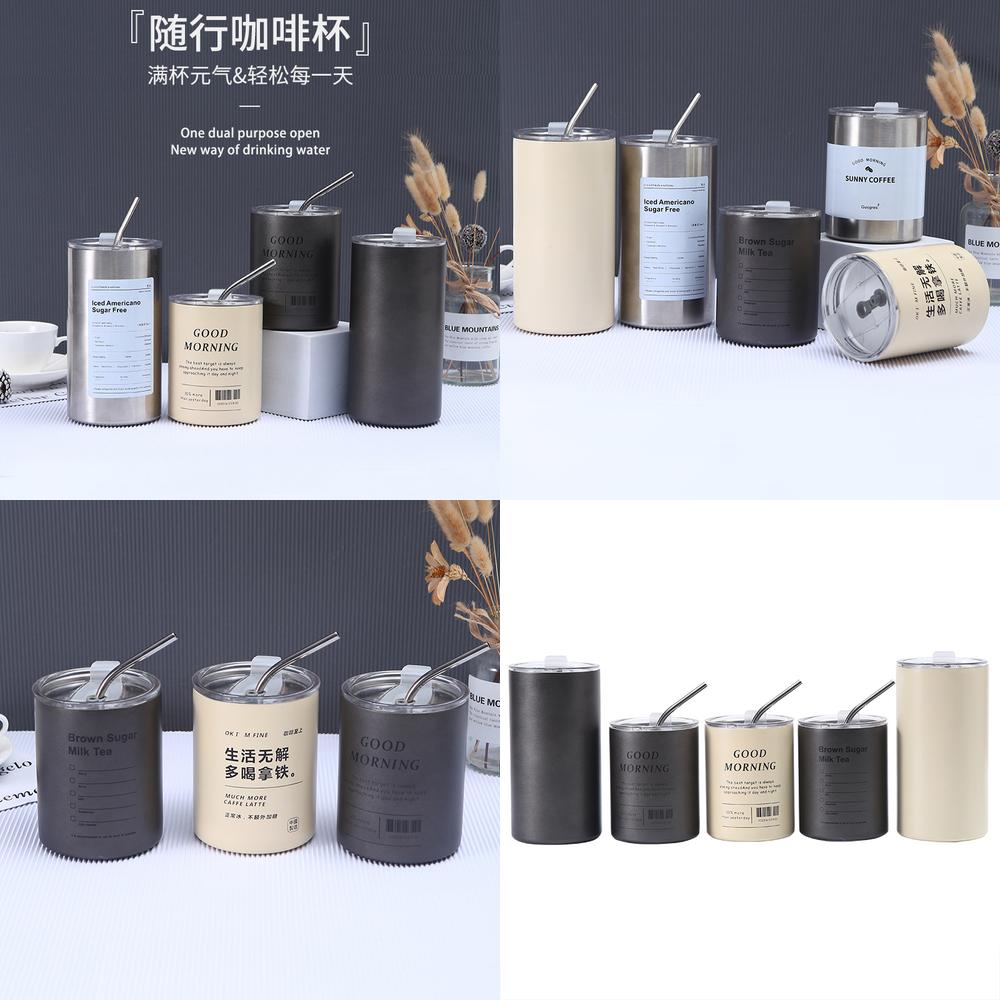 A 304 Stainless Steel Iced Americano Coffee Cup Vacuum Insulated Straight Straw Tumbler for Home Office Portable Use