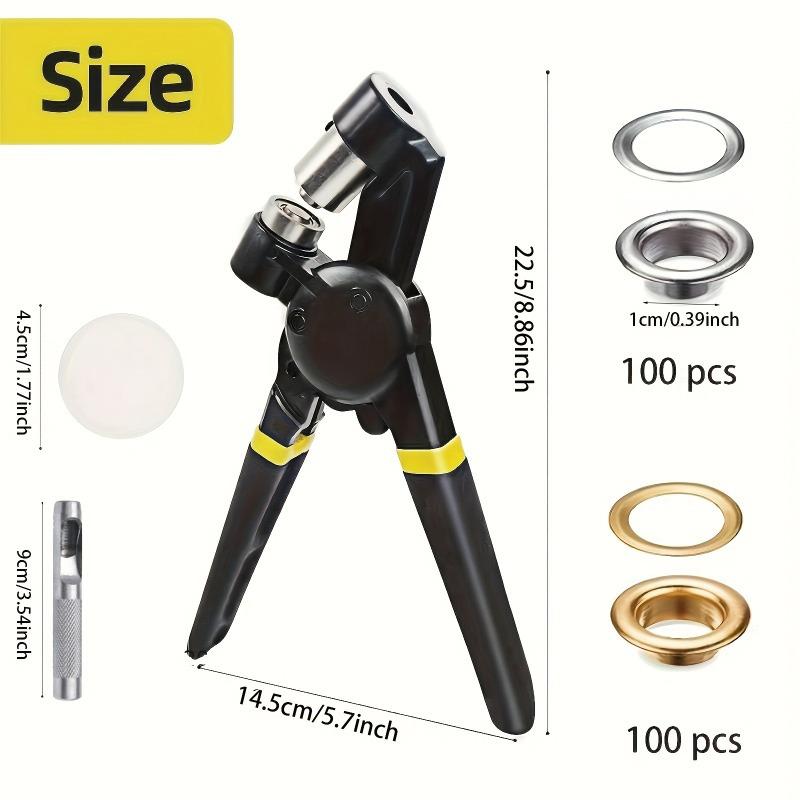 "1set 200pcs Heavy-Duty Metal Eyelet Punch Kit with 3/8"" Eyelets, Automatic Spring Mechanism, Ergonomic Handle, for Tarp, Leather, Fabric"