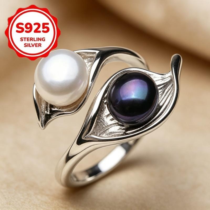 1pcs Adjustable opening925Pure silver ring for women, inlaid with shiny pearls, elegant and exquisite jewelry, versatile accessory suitable for daily