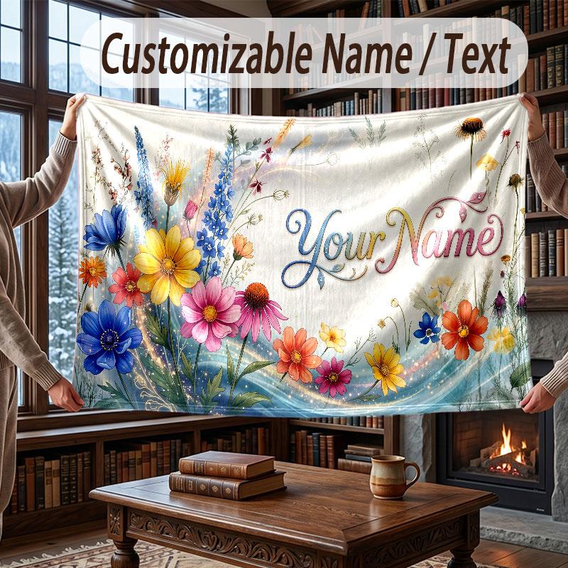 Floral Garden Theme Throw Blanket Custom Name Text Personalized Blanket Soft Cozy Blanket for Home Sofa Bed