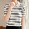 Navava Women Thin Cool Striped Collar Short Sleeve Knit Top Nk3726