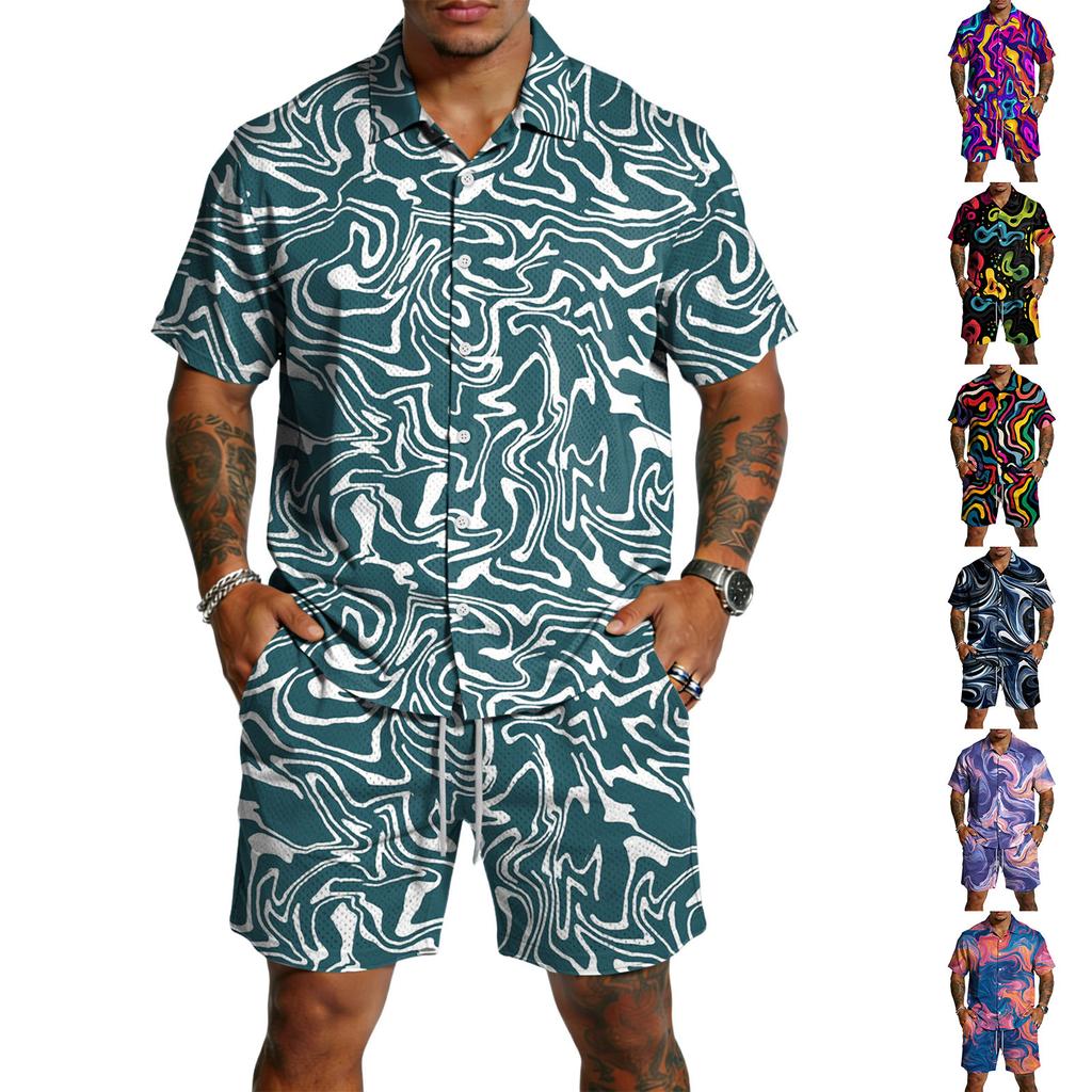 Men's Casual Lightweight Breathable Short Sleeve Shirt with Drawstring Shorts Set Swirl Pattern Summer Outfit for Outdoor Use